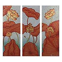 'Lotus Paradise' (triptych) - Mixed Media Lotus Painting Triptych from Thailand