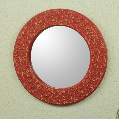 Wall mirror, 'Cape Coast Crimson' - Africa Artisan Crafted Circular Red Wall Mirror