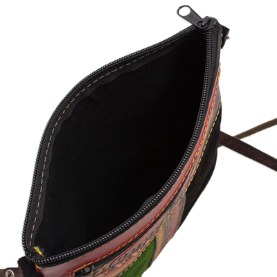 Leather sling, 'Cusco Traveler' - Llama-Themed Multicolored Leather Sling from Peru
