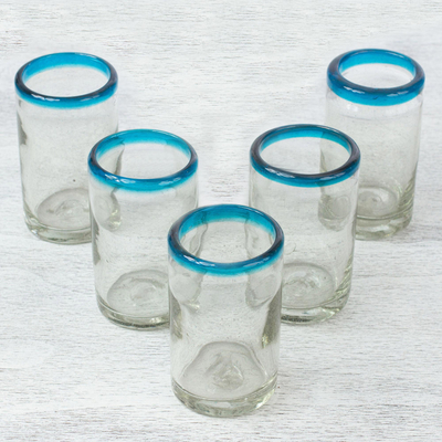 Hand-blown recycled juice glasses, 'Sky Blue Halos' (set of 5) - Set of 5 Hand-Blown Recycled Juice Glasses from Mexico