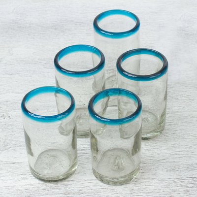 Hand-blown recycled juice glasses, 'Sky Blue Halos' (set of 5) - Set of 5 Hand-Blown Recycled Juice Glasses from Mexico
