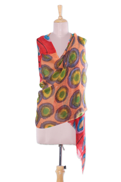 Wool shawl, 'Colorful Illusion' - Hand-Painted Multicolored Wool Shawl from India