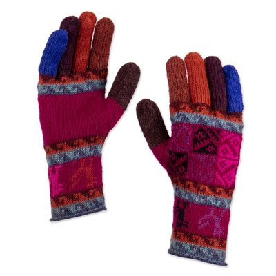 100% alpaca gloves, 'Andean Tradition in Magenta' - Artisan Crafted 100% Alpaca Multi-Colored Gloves from Peru