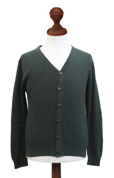 Andes Men's Green Cotton Cardigan Sweater - Villa Nueva | NOVICA
