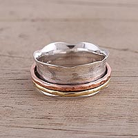 Sterling silver meditation spinner ring, 'Wavy Cyclone' - Sterling Silver Copper and Brass Spinner and Meditation Ring