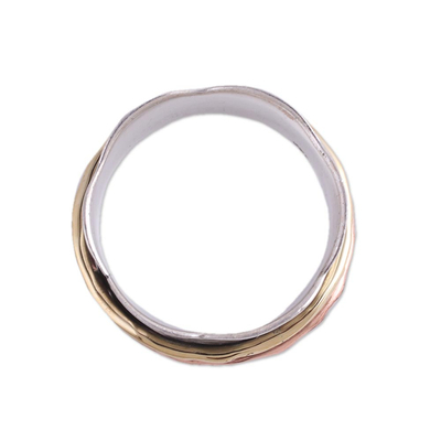Sterling silver meditation spinner ring, 'Wavy Cyclone' - Sterling Silver Copper and Brass Spinner and Meditation Ring