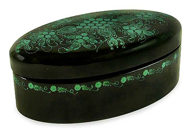Lacquered box, 'Emerald Blossoms' - Hand Crafted Mango Wood Decorative Box