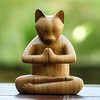 Wood sculpture, 'Mindful Cat'