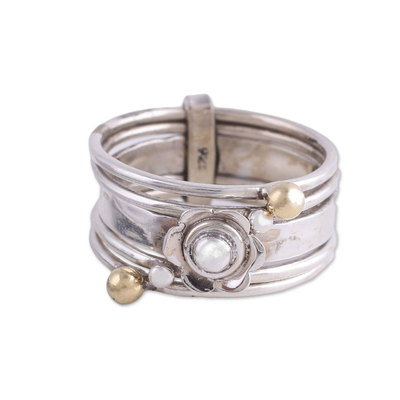 Sterling silver meditation spinner ring, 'Floral Splendor' - Handmade Sterling Silver and Brass Indian Meditation Ring