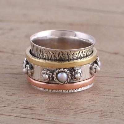 Cultured pearl meditation spinner ring, 'Spinning Blossom' - Handcrafted Sterling Silver Meditation Ring with Pearl