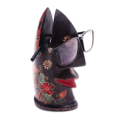 Batik wood eyeglasses holder, 'Batik Nose' - Hand-Painted Batik Wood Eyeglasses Holder from Java