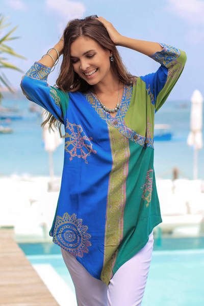 Rayon tunic, 'Color Symphony in Green' - Green and Blue Hand Batik Textured Rayon Flowing Tunic