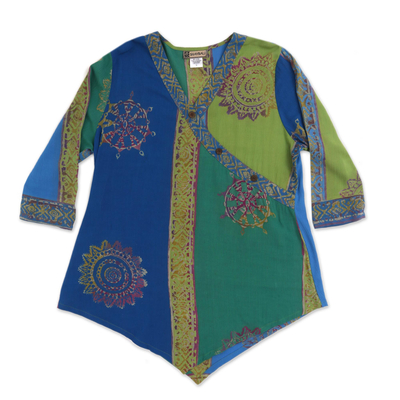 Rayon tunic, 'Color Symphony in Green' - Green and Blue Hand Batik Textured Rayon Flowing Tunic