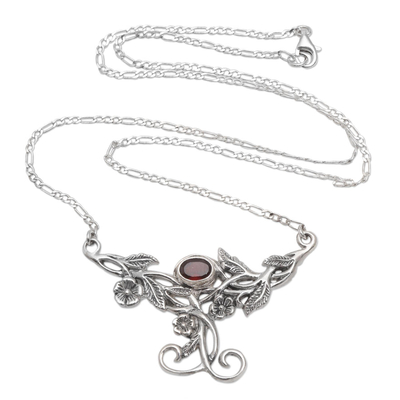 Garnet pendant necklace, 'Wild Garden' - Floral Garnet Pendant Necklace