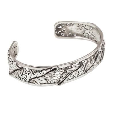 Sterling silver cuff bracelet, 'Elegant Leaves' - Leafy Sterling Silver Cuff Bracelet from Bali