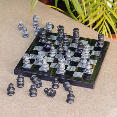 Marble chess set, 'Black and Grey Challenge' (7.5 in.) - Marble Chess Set in Black and Grey from Mexico (7.5 in.)