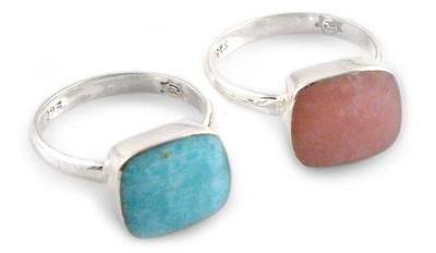 Rose quartz and amazonite solitaire rings, 'Duality' (pair) - Sterling Silver Stacking Amazonite Rose Quartz Ring (Pair)