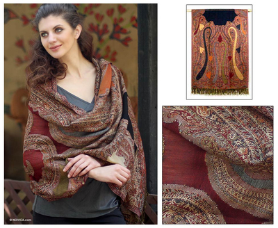 Jamawar wool shawl, 'Paisley Voyage' - Jamawar Style Woven Paisley Wool Wrap Shawl from India
