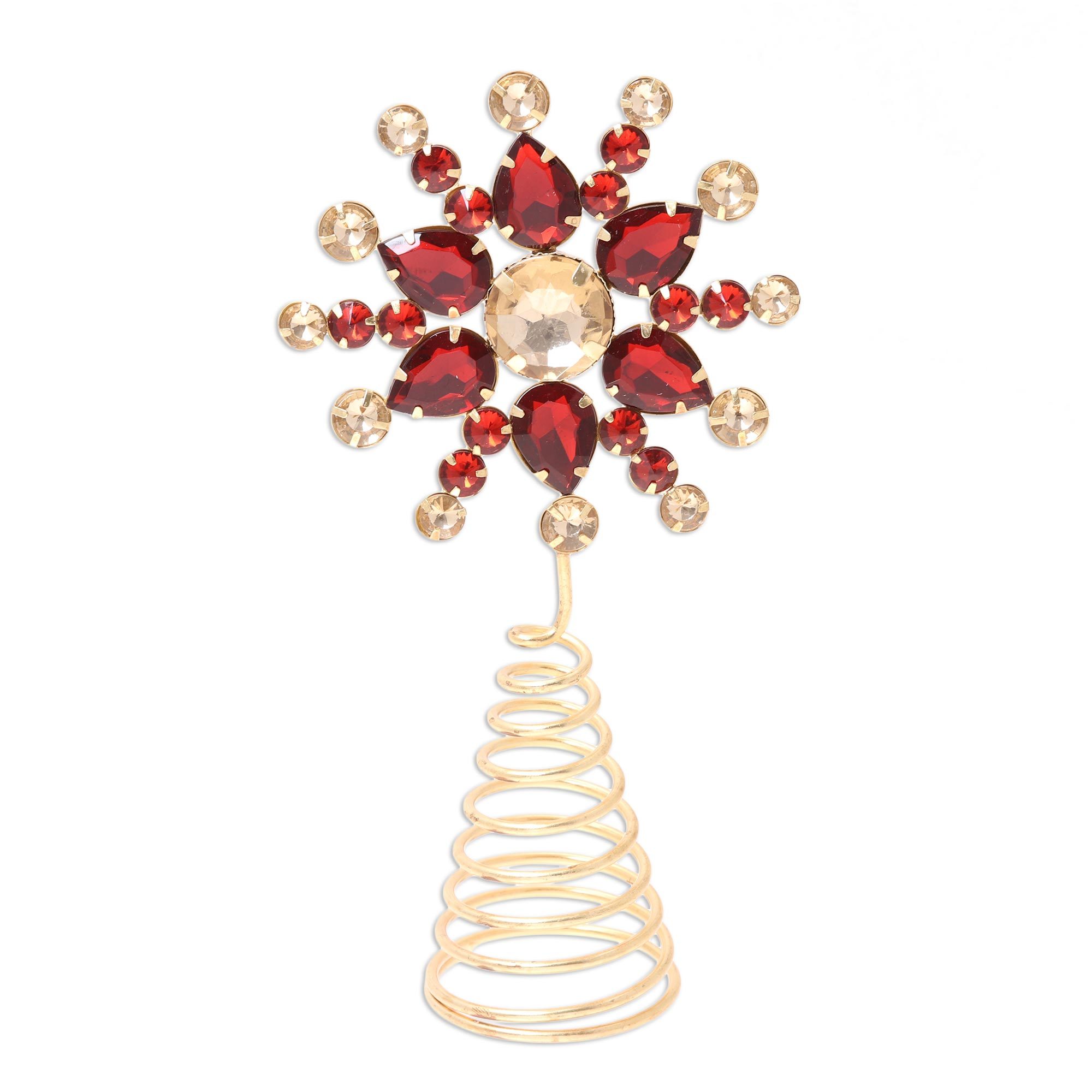 Red and Gold Faux Gemstone Christmas Flower Tree Topper Glittering