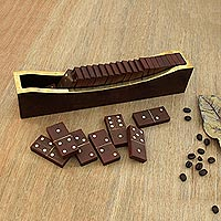 Wood and brass domino set, 'Classic Entertainment' - Beech Wood Classic Domino Set with Mango Wood Holder