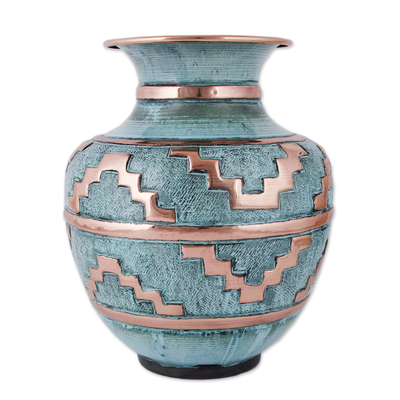 Copper and bronze decorative vase, 'Chan Chan' - Copper Vase with Motifs Inspired by Chan Chan