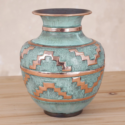 Copper and bronze decorative vase, 'Chan Chan' - Copper Vase with Motifs Inspired by Chan Chan