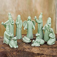 Celadon ceramic nativity scene, 'Jade Christmas' (11 pieces) - 11-Piece Handcrafted Thai Celadon Ceramic Nativity Scene