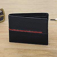 Men's leather wallet, 'Suave in Red' - Black Leather Wallet for Men with Multiple Pockets