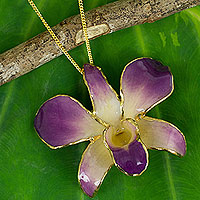 Natural orchid brooch pin necklace, 'Orchid Fantasy' - Gold Plated Natural Flower Pendant Necklace