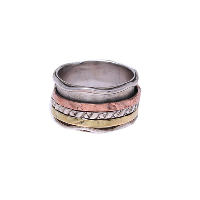 Copper and brass accented sterling silver spinner ring, 'Spinning Trio' - Handcrafted Sterling Silver Copper and Brass Meditation Ring