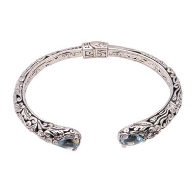 Blue topaz cuff bracelet, 'Hint of Twilight' - Blue Topaz and Sterling Silver Floral Motif Cuff Bracelet
