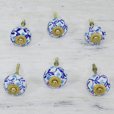 Ceramic cabinet knobs, 'Blue Floral Vines' (set of 6) - Six Blue and White Floral Ceramic Cabinet Knobs