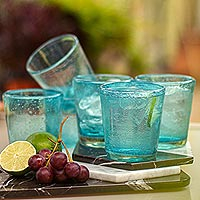 Vasos de jugo de vidrio soplado, 'Aquamarine Bubbles' (juego de 6) - Juego de 6 vasos de jugo de aguamarina soplados a mano de 10 oz