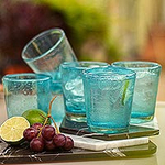 Set of 6 Aquamarine Hand Blown 10 oz Juice Glasses, 'Aquamarine Bubbles'