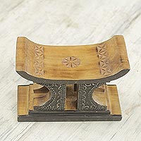 Wood mini decorative stool, 'African Comfort in Brown' - Sese Wood and Aluminum Mini Stool by Ghanaian Artisans
