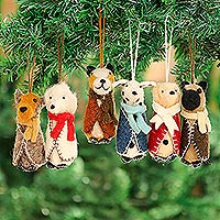 Wool ornaments, 'Cozy Puppies' (set of 6) - Embroidered Wool Dog Ornaments from India (Set of 6)