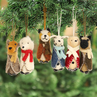Wool ornaments, Cozy Puppies (set of 6)