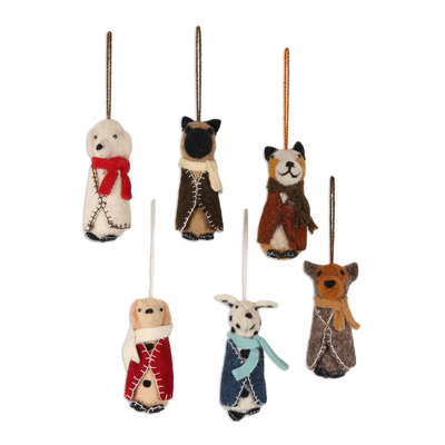 Wool ornaments, 'Cozy Puppies' (set of 6) - Embroidered Wool Dog Ornaments from India (Set of 6)