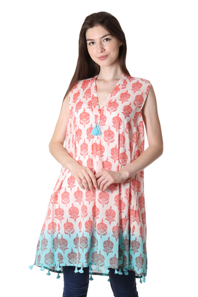 Cotton shift dress, 'Strawberry Buds' - Strawberry and White Floral Print Tasseled Cotton Dress