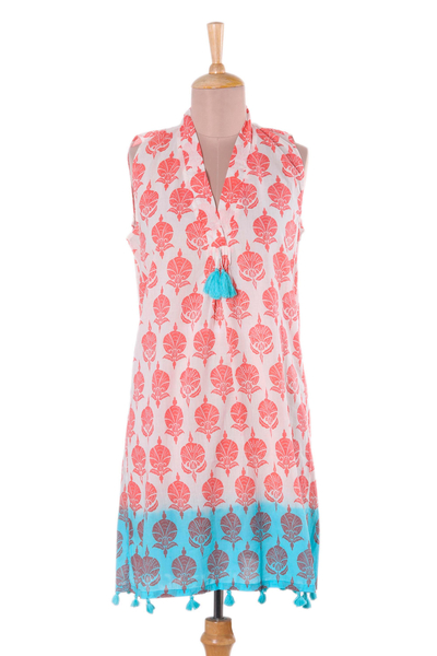 Cotton shift dress, 'Strawberry Buds' - Strawberry and White Floral Print Tasseled Cotton Dress