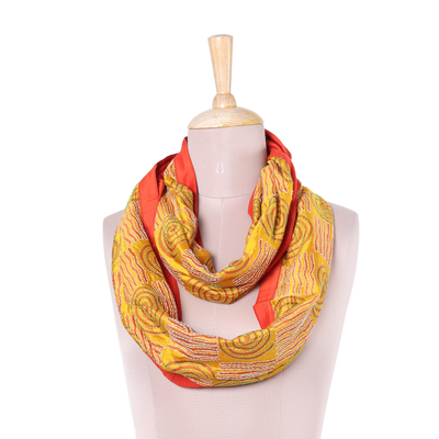 Silk infinity scarf, 'Creative Bliss in Gold' - Handwoven Silk Infinity Scarf in Gold and Paprika from India