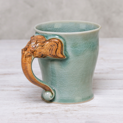Celadon ceramic mug, 'Elephant Morning' (10 oz.) - Celadon Ceramic Elephant Mug in Green from Thailand (10 oz.)