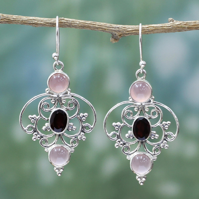 Garnet and chalcedony dangle earrings, 'Glistening Jaipur' - Sterling Silver Garnet Chalcedony Dangle Earrings from India