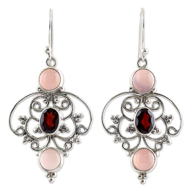 Garnet and chalcedony dangle earrings, 'Glistening Jaipur' - Sterling Silver Garnet Chalcedony Dangle Earrings from India