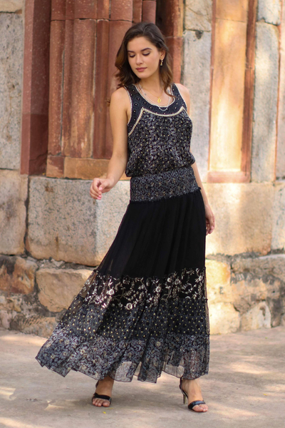 Block-printed viscose chiffon maxi skirt, 'Midnight Glory' - Floral Block-Printed Viscose Maxi Skirt from India