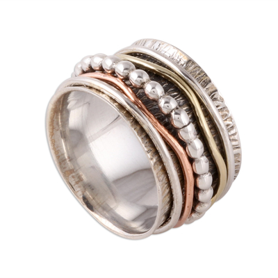 Sterling silver spinner ring, 'Dotted Flair' - Patterned Sterling Silver Spinner Rig with Brass and Copper