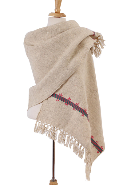 Wool shawl, 'Mayan Landscape in Ivory' - Handwoven Wool Shawl in Ivory from Mexico