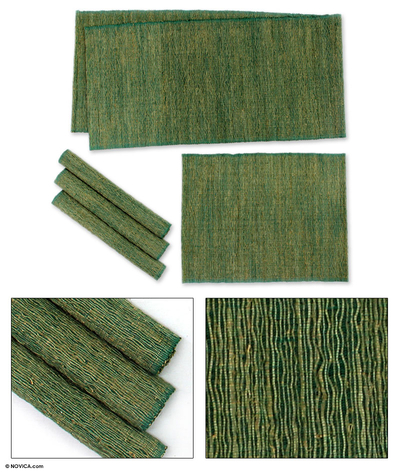 Natural fibers and cotton table runner and placemats, 'Nature of Green' (set of 4) - Natural Fiber Table Runner and Placemats (Set of 4)