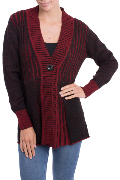 Alpaca blend cardigan, 'Queen of Contrast' - Peruvian Alpaca Blend Women's Red and Black Cardigan Sweater