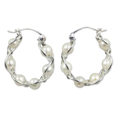 Cultured pearl hoop earrings, 'Cloud Twist' - Sterling Silver and Pearl Hoop Earrings